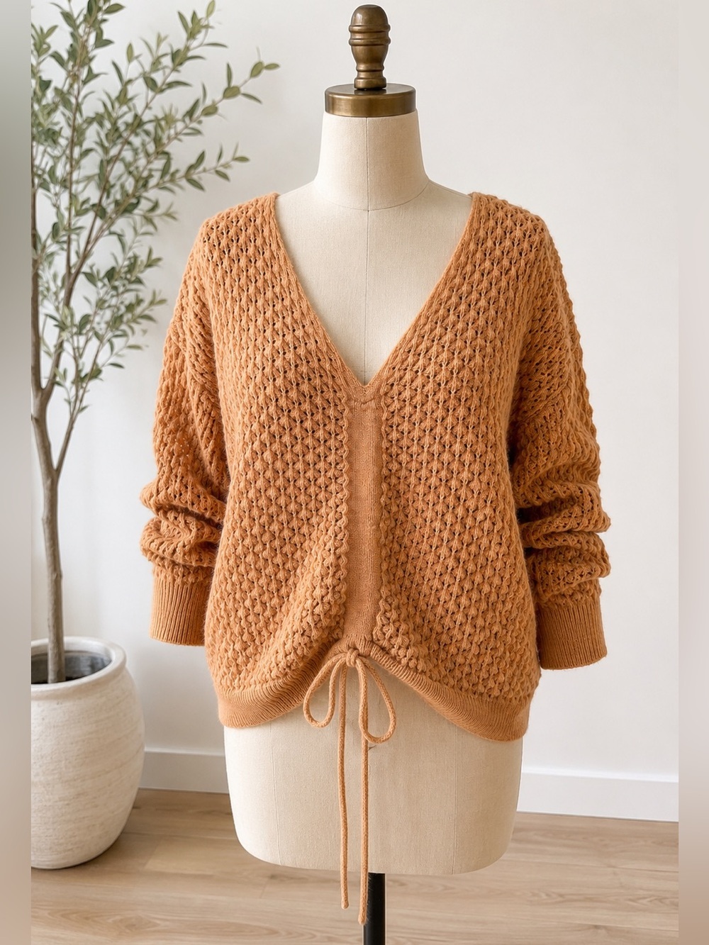 Molly Bracken Textured Popcorn Open Knit Drawstring Sweater Large Camel Apricot - Picture 4 of 9